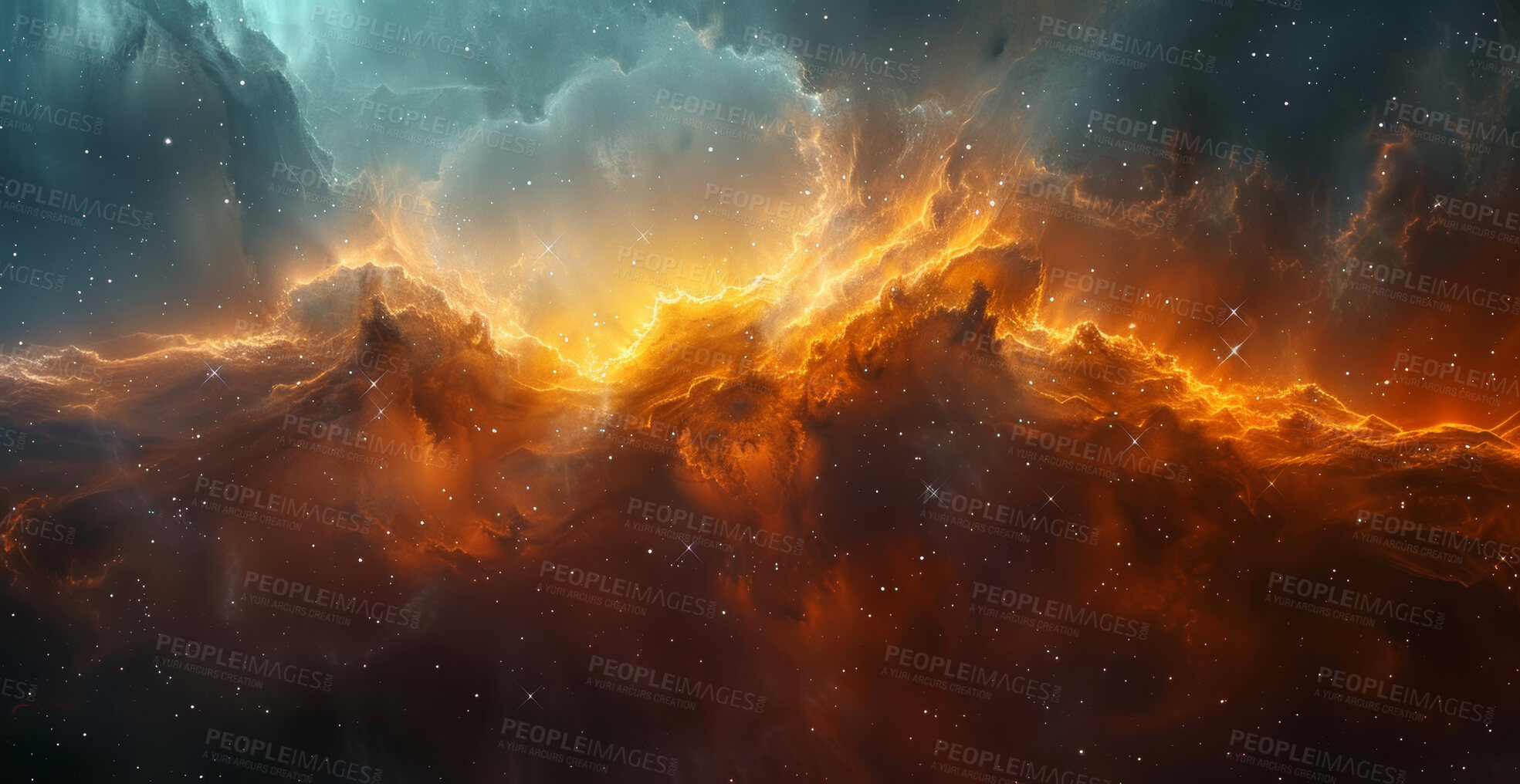 Buy stock photo Space, abstract and clouds with fire in sky for cosmic inferno, atmosphere and background. Wallpaper, design and graphic of colorful galaxy with for interstellar, explosion and astronomy in universe