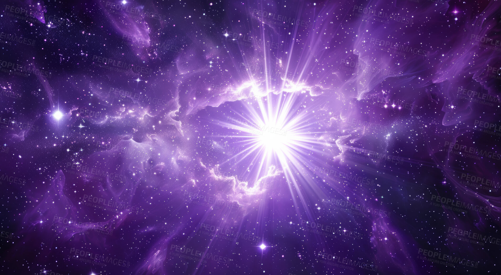 Buy stock photo Space, abstract and shine with star in nebula for astronomy, universe and cosmic wallpaper. Interstellar, background and  purple design with astral light for galaxy, solar system and constellation