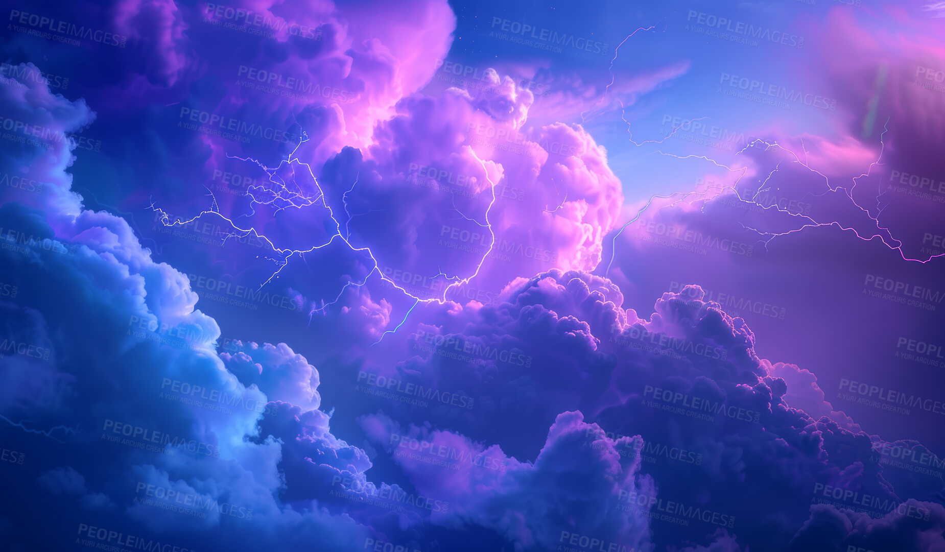 Buy stock photo Clouds, lightning and outdoor background for storm, environment or summer sky for climate change. Gas, overcast and nature for thunder, electrical flash and air for hurricane on abstract backdrop