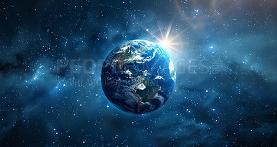 Planet, earth and globe in space with galaxy background for universe wallpaper with stars and lens flare. World, orb and cosmos in outer space for astronomy, exploration and discovery in milky way