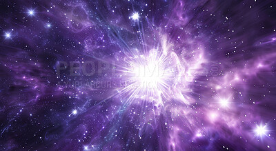 Universe, abstract and star with light in nebula for astronomy, explosion and cosmic background. Interstellar, wallpaper and purple space with astral shine for solar system, galaxy and constellation