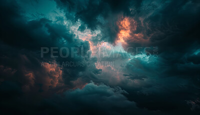 Dark, clouds and outdoor for storm, environment or background texture for climate change in sky. Gas, overcast and nature on abstract backdrop at night for greenhouse smoke, air or hurricane weather
