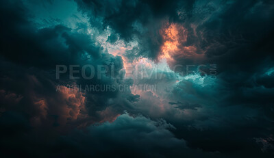 Buy stock photo Dark, clouds and outdoor for storm, environment or  background texture for climate change in sky. Gas, overcast and nature on abstract backdrop at night for greenhouse smoke, air or hurricane weather