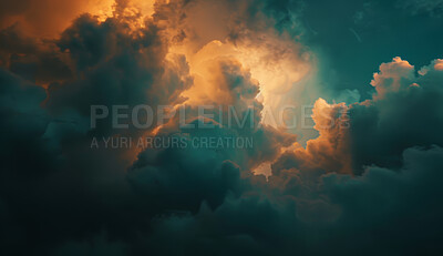 Clouds, dark and outdoor background in sky for environment, storm or texture for climate change. Gas, overcast or nature on abstract backdrop with light, smoke and air in winter for heaven fantasy