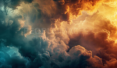 Buy stock photo Texture, clouds and outdoor environment at sunset for storm or background  for climate change. Gas, overcast or nature on abstract backdrop for greenhouse air or hurricane for global warming pattern