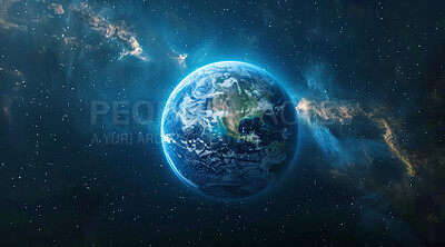 Earth, globe and planet in space for astronomy or universe wallpaper with stars and nebula. World, orb and cosmos in outer space for orbit exploration and discovery in milky way galaxy background