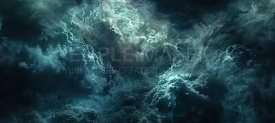 Clouds, dark and outdoor background for storm, environment or wallpaper texture for climate change. Gas, overcast or nature on abstract backdrop at night, smoke air or cosmic dust for nebula in space