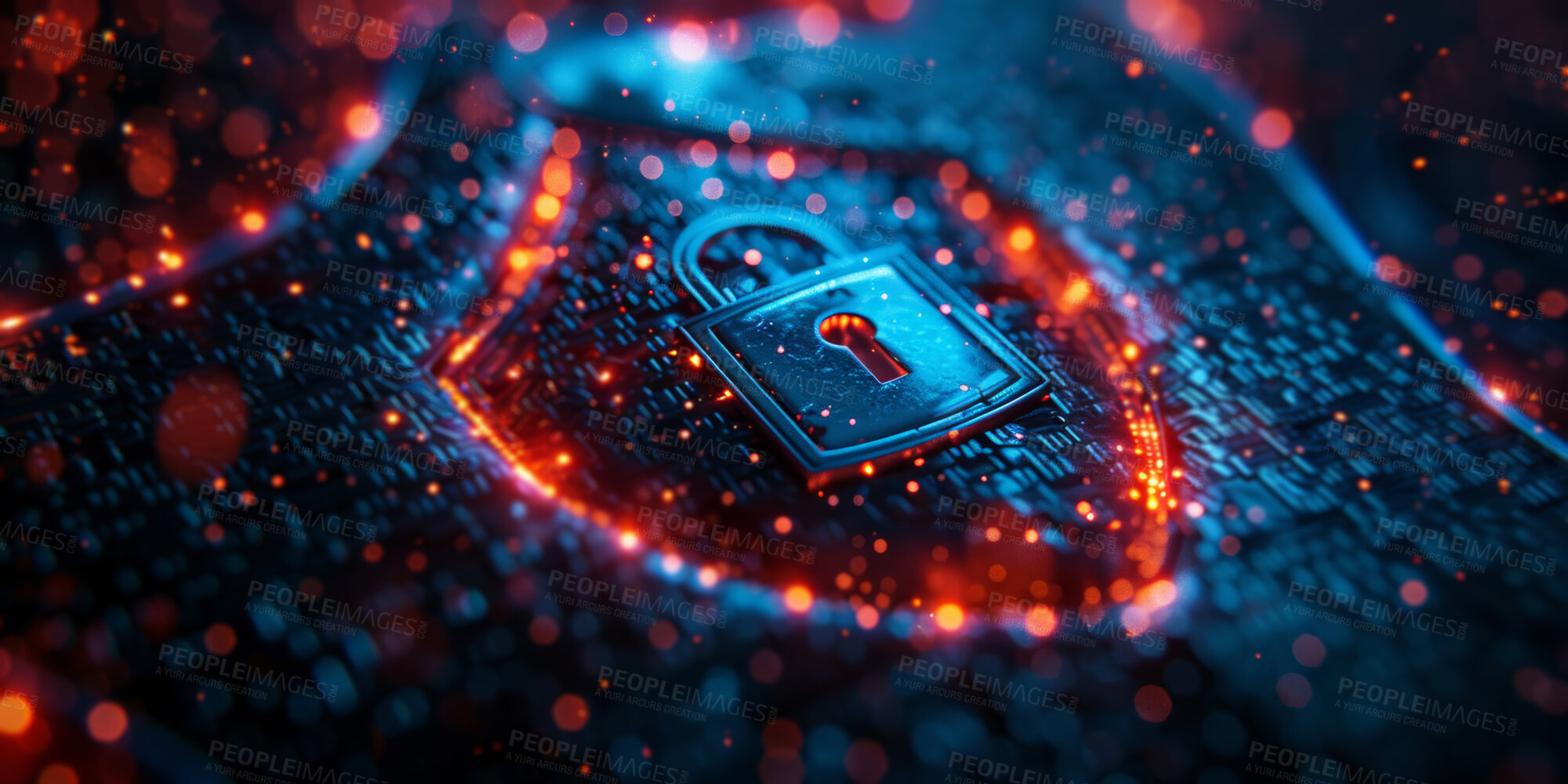 Buy stock photo 3D lock, cybersecurity and hologram in office for password protected data or storage online. Cloud computing, information technology and safety with firewall in server room for virtual networking