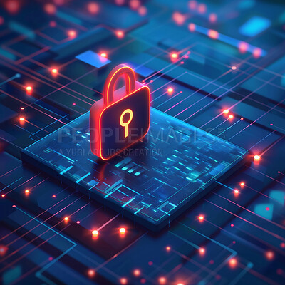 Buy stock photo Information Technology, security and 3d abstract with lock for software, algorithm or encryption. Network, server and neon icon in circuit with safety of database, access control or data protection