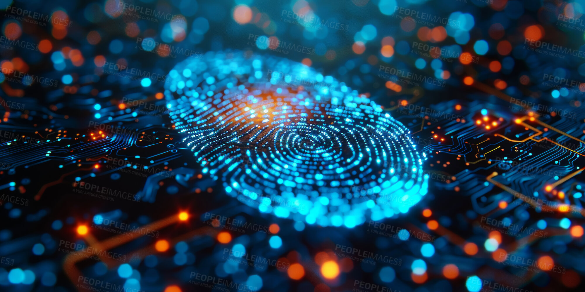 Buy stock photo 3D fingerprint, digital and information technology of cybersecurity, data or password protection in bokeh. CPU, software and neon or pattern for id, biometric and digital code in futuristic hardware