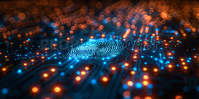 Buy stock photo Biometric, fingerprint and data in circuit with abstract for access control, scan or algorithm. Network, icon and circuit with neon graphic of binary diagnostic for cybersecurity, database or privacy