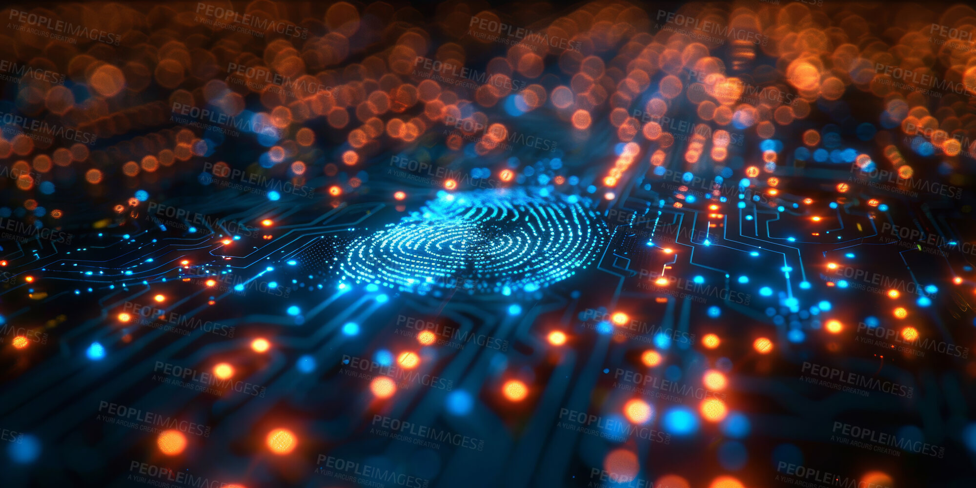 Buy stock photo Biometric, fingerprint and data in circuit with abstract for access control, scan or algorithm. Network, icon and circuit with neon graphic of binary diagnostic for cybersecurity, database or privacy