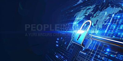 Buy stock photo Futuristic, cyber security and data protection or cloud computing with padlock on global network. Abstract, firewall or privacy with digital safety of database from virus, malware or hacking