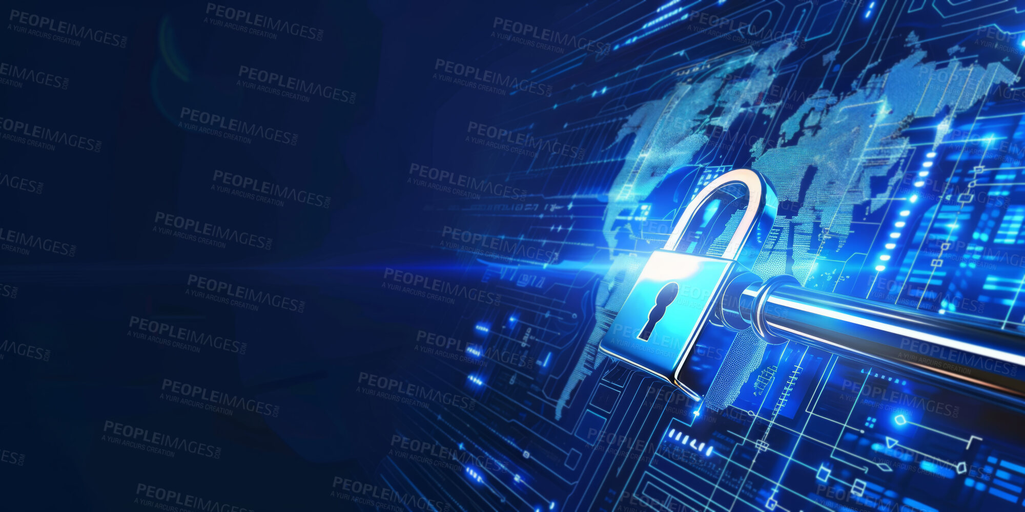 Buy stock photo Futuristic, cyber security and data protection or cloud computing with padlock on global network. Abstract, firewall or privacy with digital safety of database from virus, malware or hacking