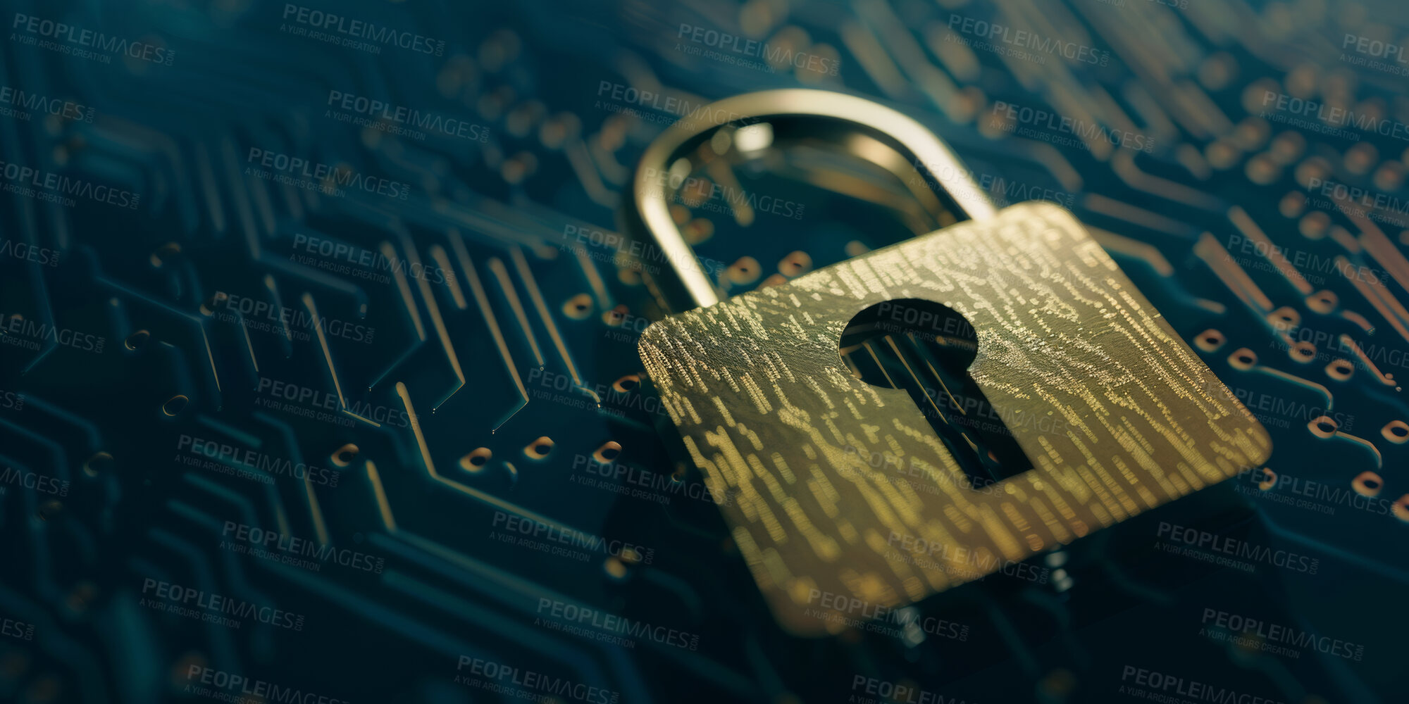 Buy stock photo Digital transformation, password or lock on circuit board for big data, safety or futuristic tech. Metaverse, information technology or dashboard database, cloud computing or cybersecurity safety