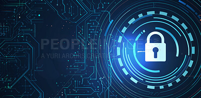 Lock, internet and code with cyber security, technology and IT program for anti virus, futuristic and software protection. Empty, networking and safety for password, code and website with connection