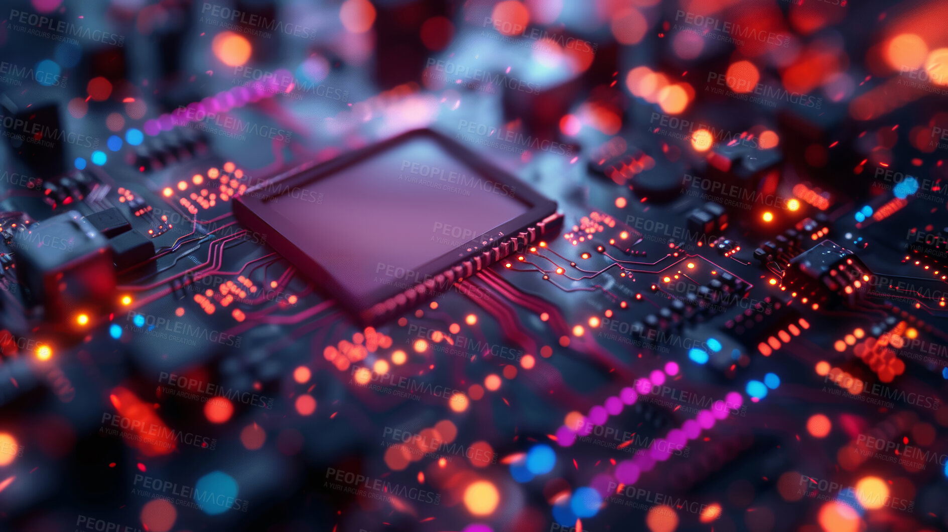 Buy stock photo Electrical, circuit and abstract and futuristic technology or cloud computing with light, engineering or coding. Lines, software and cpu system as power transmission or motherboard, glow or microchip