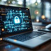 Coding, laptop and screen with lock in office for programming, system ...