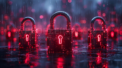 City, rain and 3d abstract of lock with cybersecurity for programming, data protection and password. Information technology, neon and icon on floor for encryption, privacy and global access control