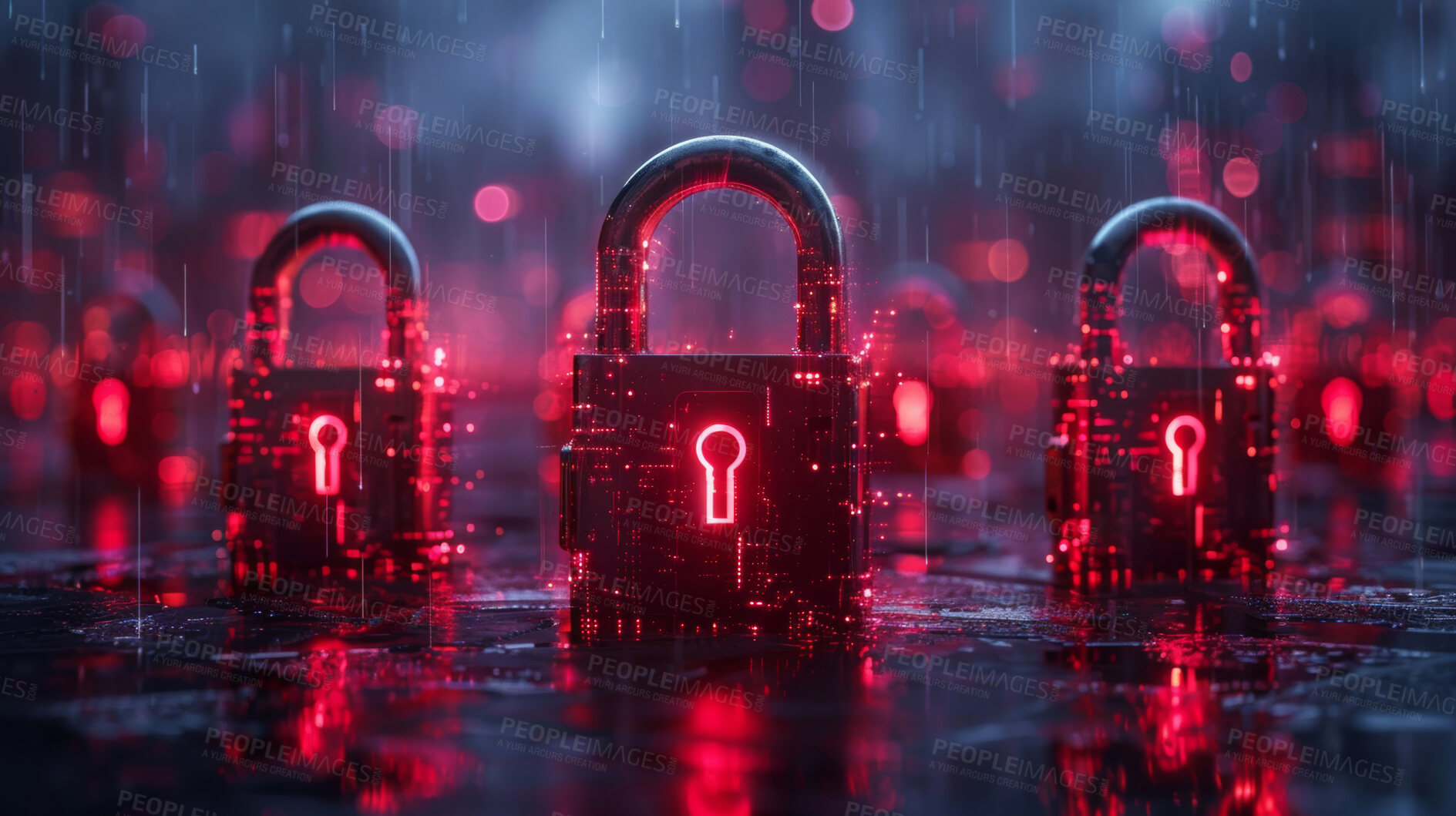 Buy stock photo City, rain and 3d abstract of lock with cybersecurity for programming, data protection and password. Information technology, neon and icon on floor for encryption, privacy and global access control