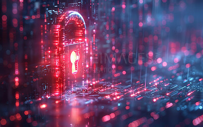 3D lock, cybersecurity and firewall hologram for password protected data or storage online. Cloud computing, information technology and online safety in server room for internet or virtual networking