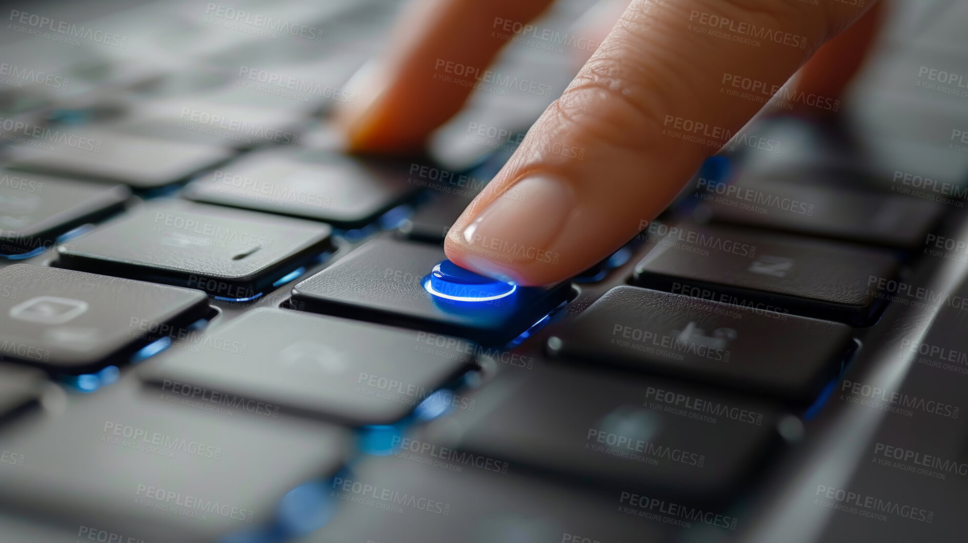 Buy stock photo Computer, keyboard and finger on button with information technology for access control, database and update. Cybersecurity, person and hacker hand on track point for system navigation and programming