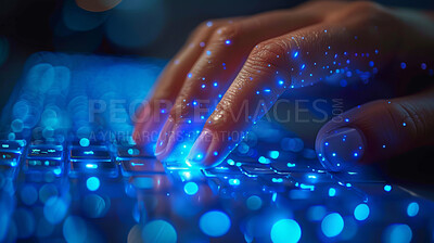 Computer, keyboard and hand on neon buttons for cybersecurity and hacker with access control in bokeh. Information technology, person or fingers on laptop for hacking database, user system or storage