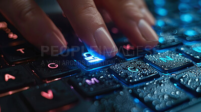 Buy stock photo Computer, keyboard and hand on lock with water droplets for cybersecurity and hacker with access control. Information technology, person and laptop for hacking password protected data on user system