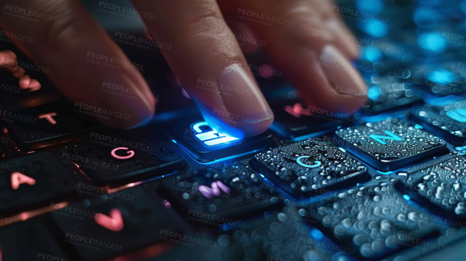 Buy stock photo Computer, keyboard and hand on lock with water droplets for cybersecurity and hacker with access control. Information technology, person and laptop for hacking password protected data on user system