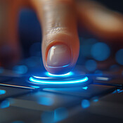 Computer, keyboard and finger on button with light for cybersecurity ...
