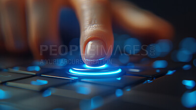 Buy stock photo Computer, keyboard and finger on button with light for cybersecurity and hacker with access control. Information technology, person and neon with hand on laptop for hacking database and user system