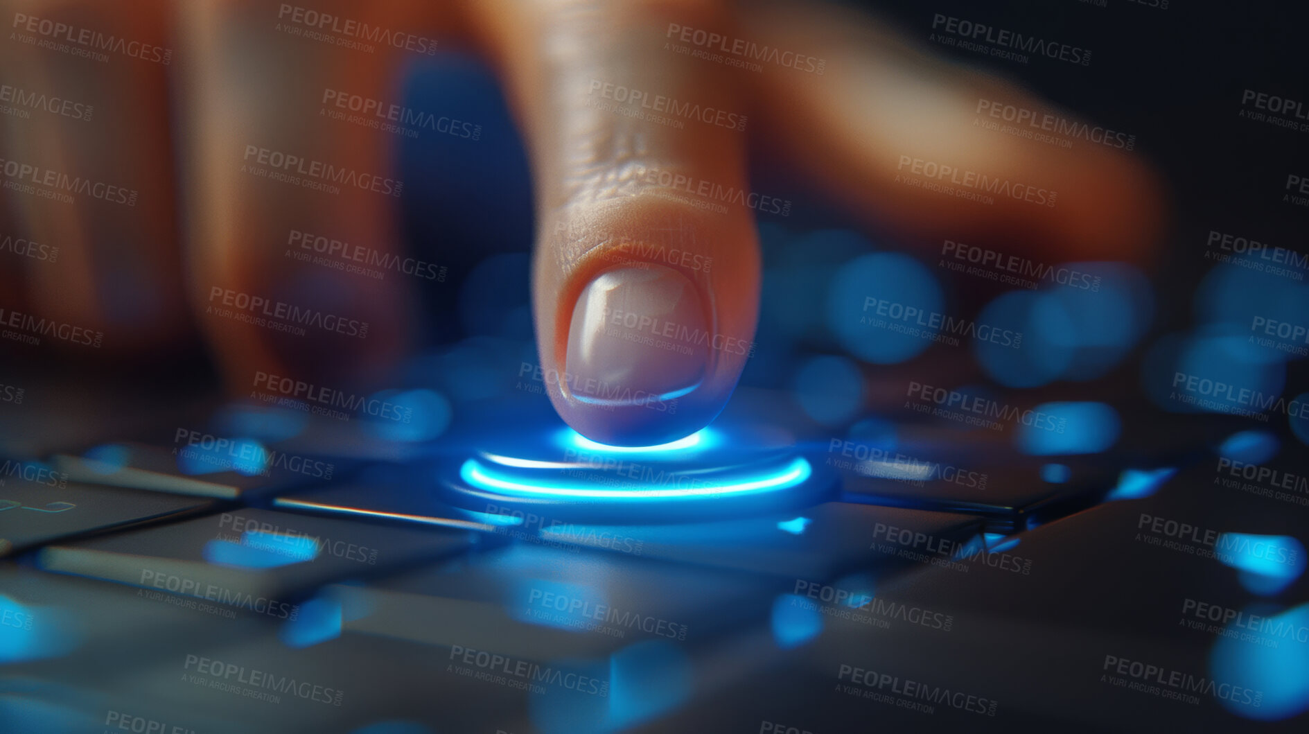 Buy stock photo Computer, keyboard and finger on button with light for cybersecurity and hacker with access control. Information technology, person and neon with hand on laptop for hacking database and user system