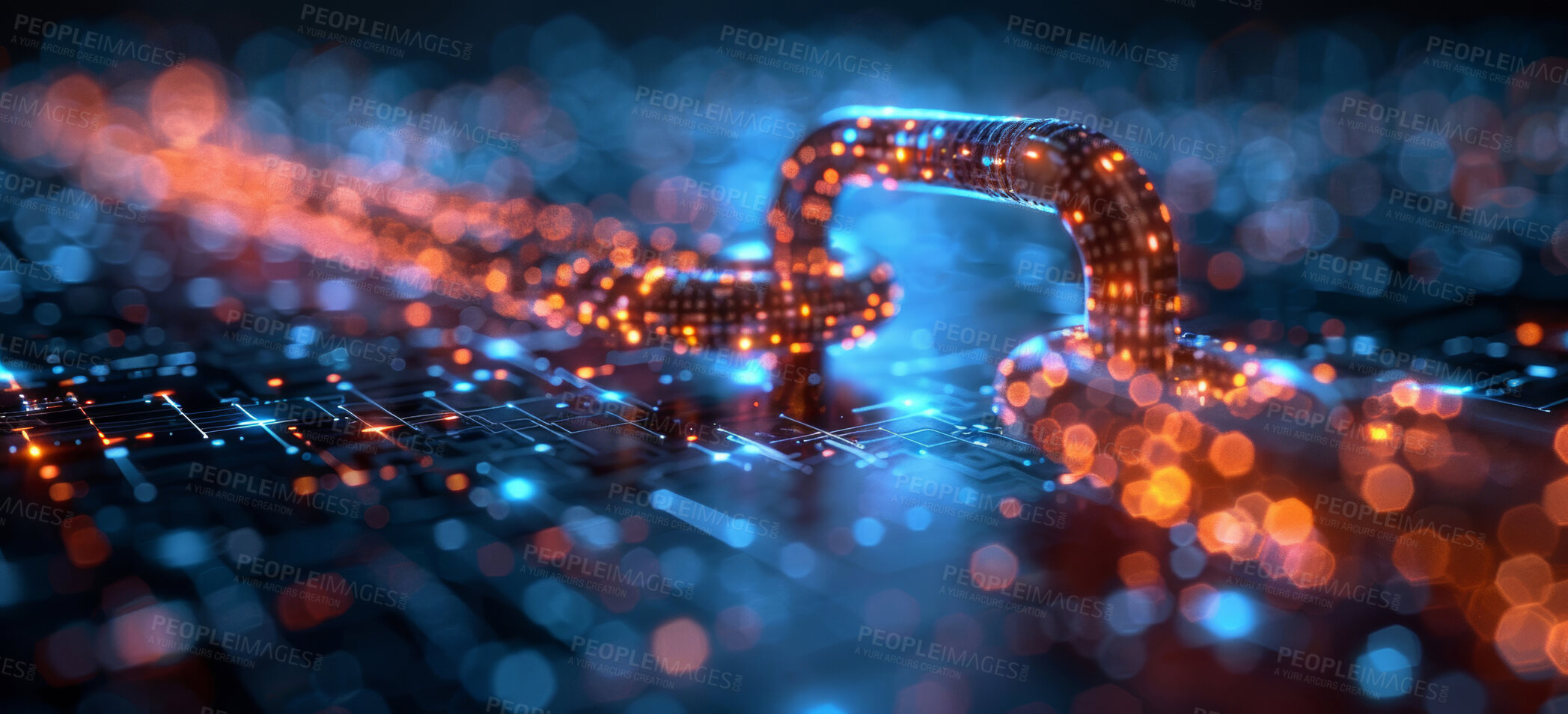 Buy stock photo Digital transformation, big data and chain on neon circuit board for global, networking or futuristic tech. Metaverse, information technology and dashboard database, cloud computing or ai server link