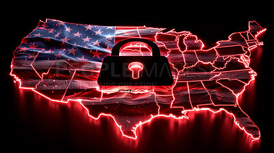3D lock, cybersecurity and map of usa for password protected data or storage online. Cloud computing, information technology and safety with firewall in america for internet or virtual networking