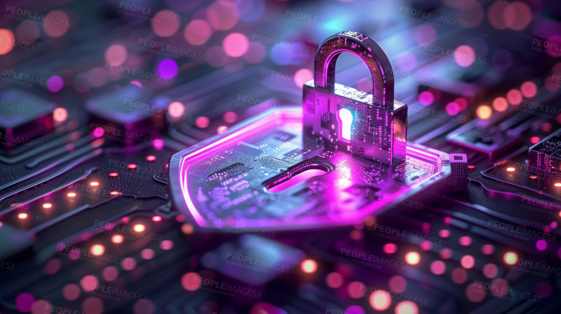 Buy stock photo Technology, lock and future with virtual security for digital, verification or password software. Glow, encryption and cybersecurity for safety in data center, firewall for database or server