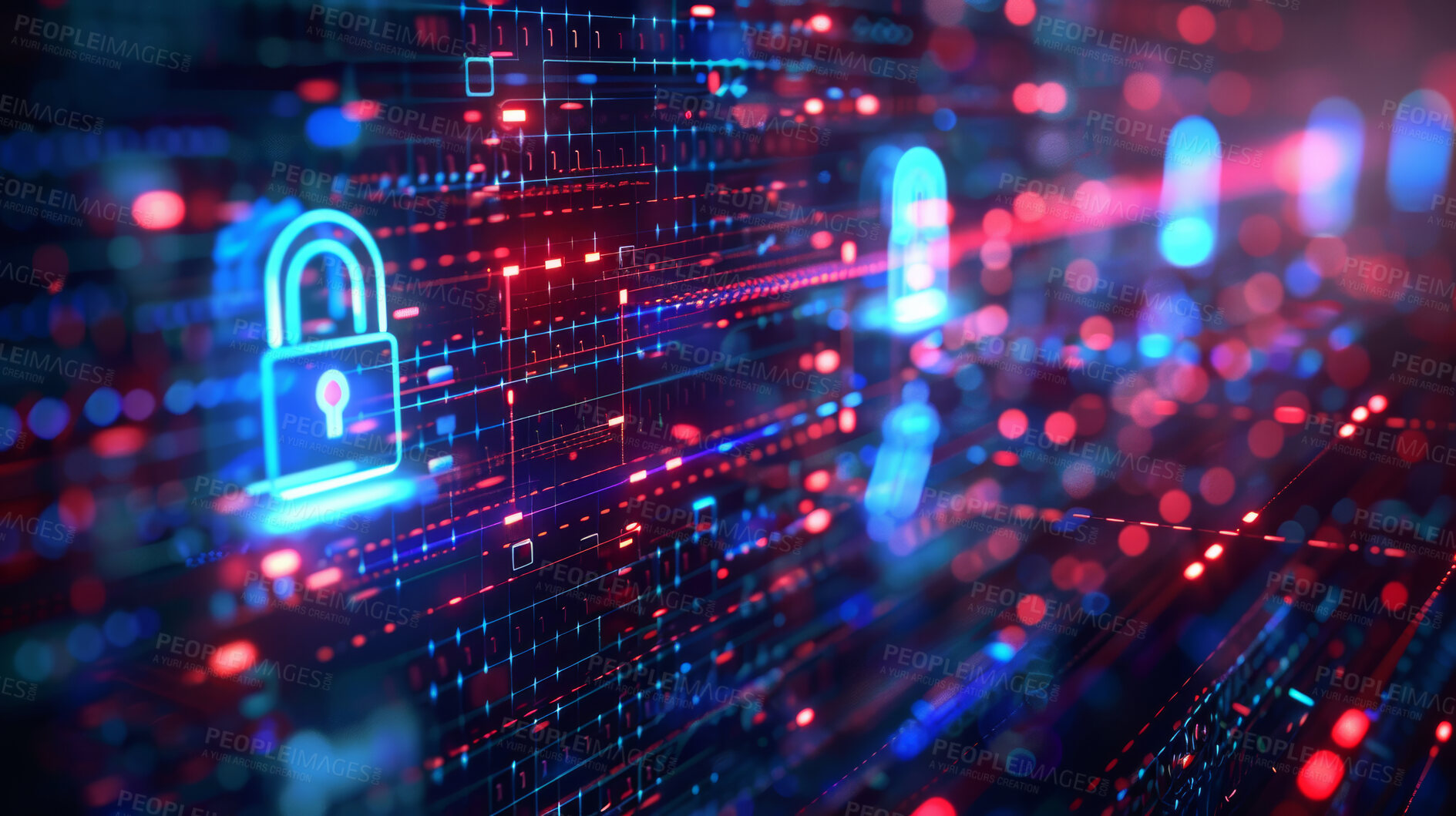 Buy stock photo 3D lock, cybersecurity and password to protect database or storage online from phishing. Cloud computing, information technology and virtual safety with hologram in server room for networking