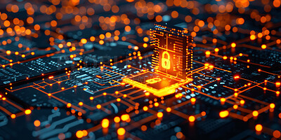 Buy stock photo Technology, abstract and futuristic with cyber security for digital, verification or password software. Electronics, encryption and lock for safety in data center, firewall for database or server