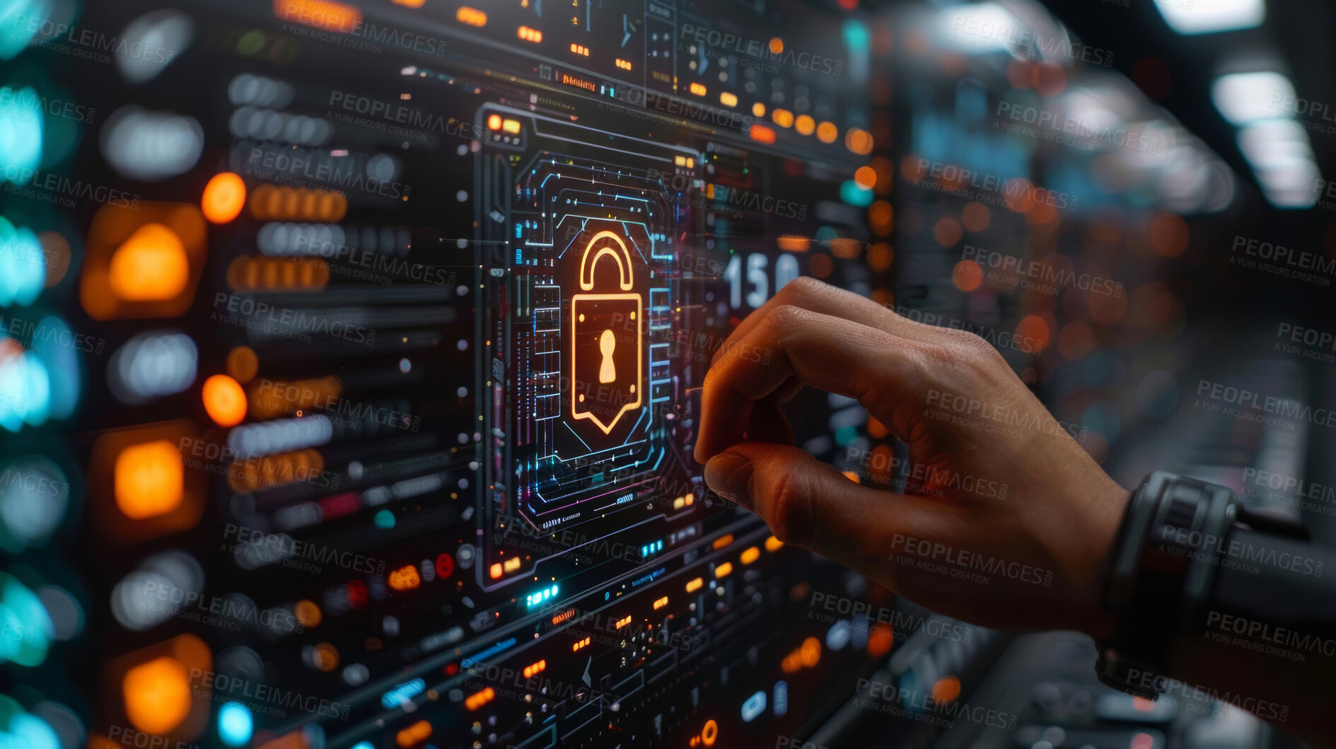 Buy stock photo 3D lock, cybersecurity and hand of user in office for password protected data or storage online. Cloud computing, information technology and safety with person in server room for virtual networking