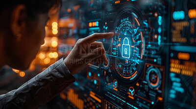 Buy stock photo Lock screen, cybersecurity and hand of user in server room for password protected data or storage online. Cloud computing, information technology and code for safety with person on virtual database