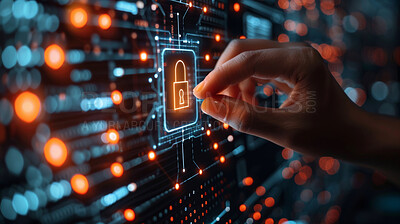 3D lock, cyber security and hand of person in server room for password protected data or storage online. Cloud computing, information technology and safety with user unlocking database for networking