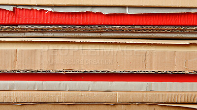 Cardboard, closeup and paper stack for recycling, waste and reuse in sustainable business practices. Commercial, logistics and supply chain with eco friendly packaging solution and creative textures