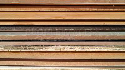Wood, plank and pile with stack, production and storage for construction material for woodwork. Plywood, pressboard and building product for hobby, furniture or industrial manufacturing and carpentry