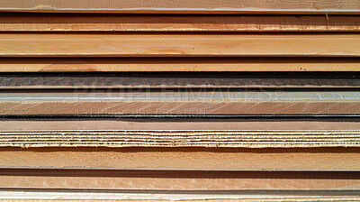 Buy stock photo Wood, plank and pile with stack, production and storage for construction material for woodwork. Plywood, pressboard and building product for hobby, furniture or industrial manufacturing and carpentry