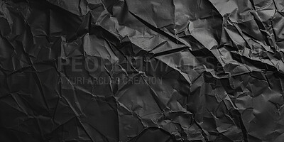 Black paper, texture and abstract with wrinkle, blank and pattern shape as design presentation. Creativity, wallpaper and screensaver for decoration by effect, detail and crumpled banner as art