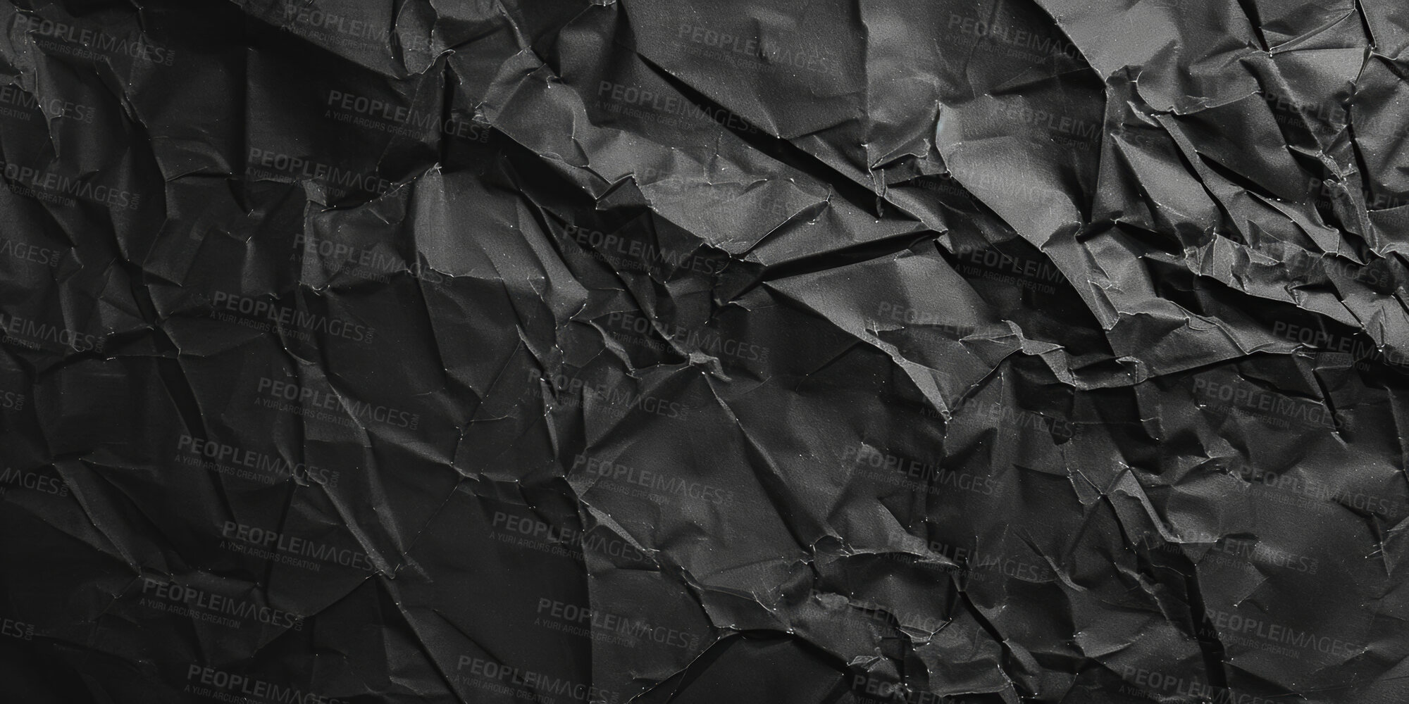 Buy stock photo Black paper, texture and abstract with wrinkle, blank and pattern shape as design presentation. Creativity, wallpaper and screensaver for decoration by effect, detail and crumpled banner as art