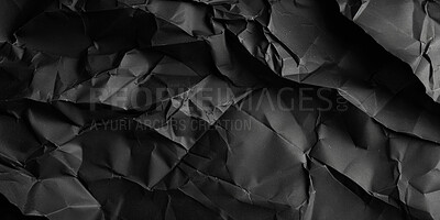Black, abstract and crumbled paper with texture for background, wallpaper and digital art. Dark, creased and luxury aesthetic with creative pattern for backdrop, graphic design and brochure packaging