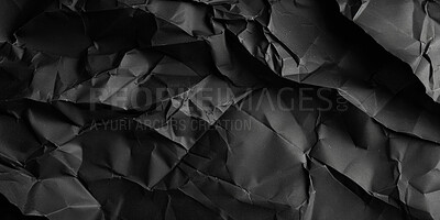 Buy stock photo Black, abstract and crumbled paper with texture for background, wallpaper and digital art. Dark, creased and luxury aesthetic with creative pattern for backdrop, graphic design and brochure packaging