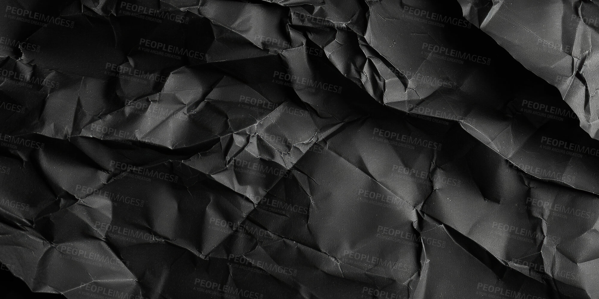 Buy stock photo Black, abstract and crumbled paper with texture for background, wallpaper and digital art. Dark, creased and luxury aesthetic with creative pattern for backdrop, graphic design and brochure packaging