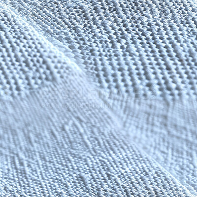 Buy stock photo Material, cotton and fabric fiber with zoom of weave with knit surface or soft texture with curve. Burlap, washing and pattern for jeans or blanket with polyester, mattress and detail with textile.