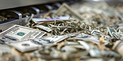 Buy stock photo Shredded, money and paper or dollar bill or currency, banking notes and monetary value for cash cycle circulation. Security, disposal and maintaining financial system, United States and counterfeit